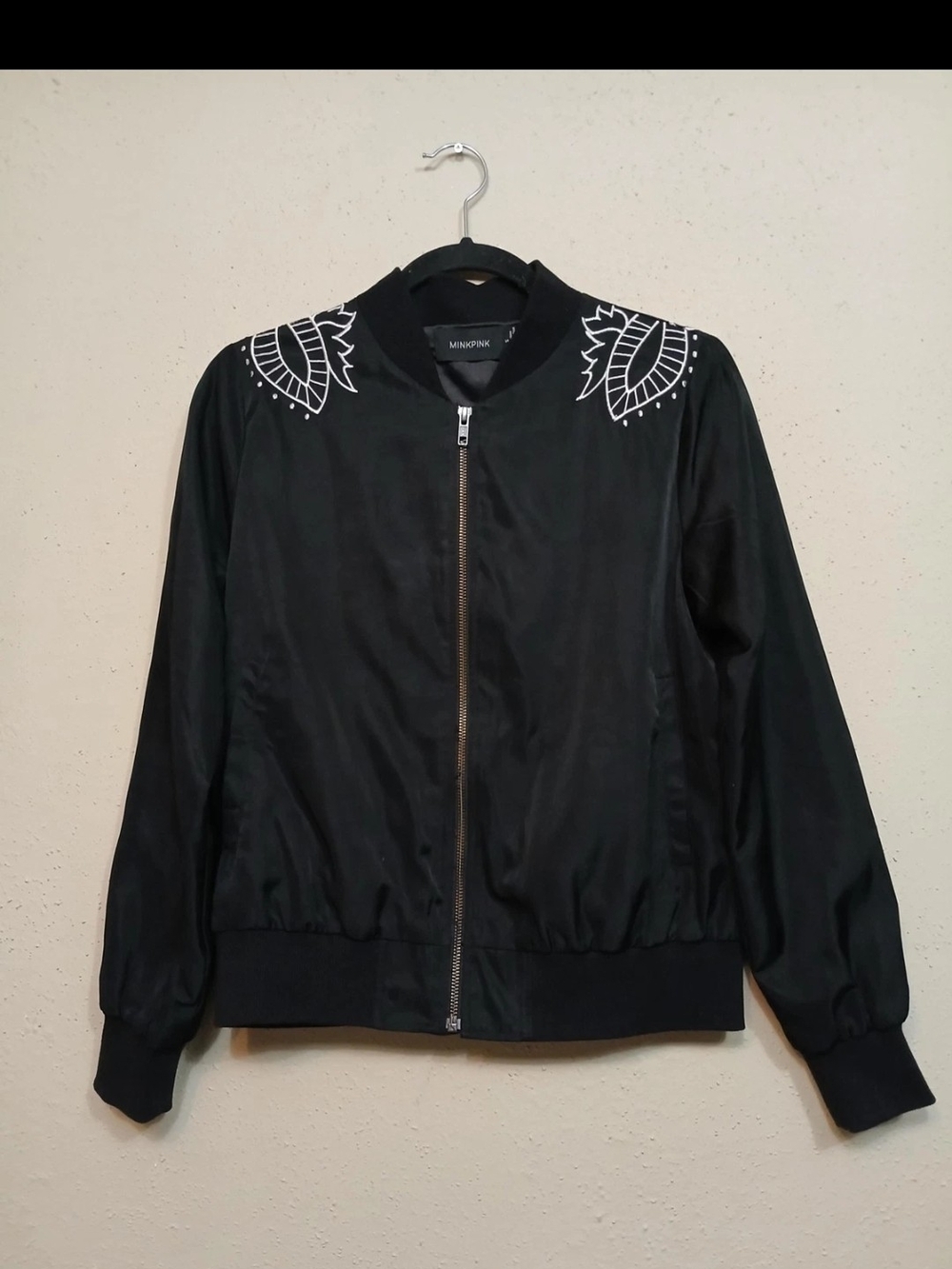 MINKPINK Womens Small Bomber Jacket with White Shoulder Motif